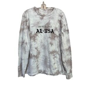 American Eagle Tie Dye Gray/White Graphic‎ Logo Long Sleeve T-shirt Size Large